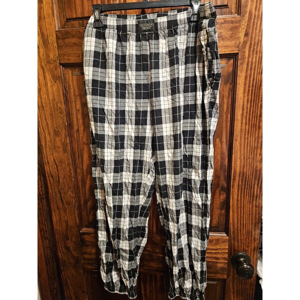 Victoria's Secret Black White Plaid Pajama Pants Joggers Gold Sparkle Large